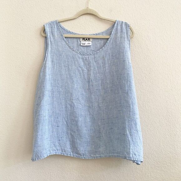 Flax Women Sleeveless Top Blue Pullover Tank 100% Linen Round Neck Large - Picture 1 of 8